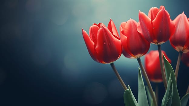 Bouquet of bright red tulip buds on a dark background, AI generated.