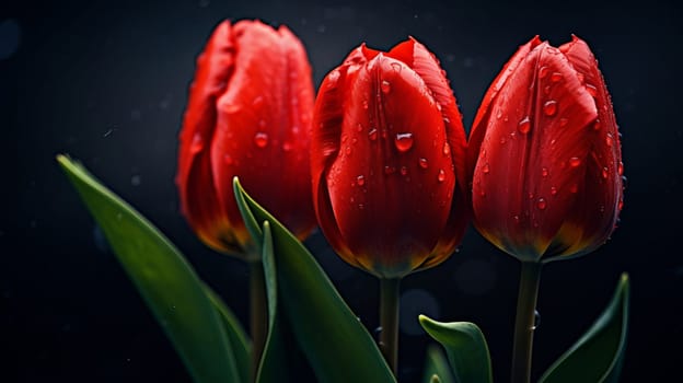 Bouquet of bright red tulip buds on a dark background, AI generated.