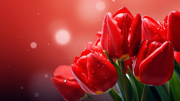 Bouquet of bright red tulip buds on a dark background, AI generated.