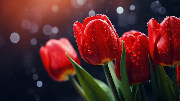 Bouquet of bright red tulip buds on a dark background, AI generated.