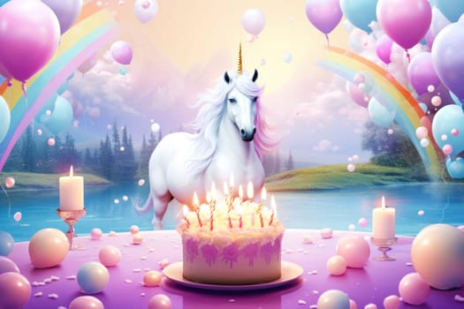 Poster or birthday card with unicorn, cake, balloons and candles in bright colors. Birthday card