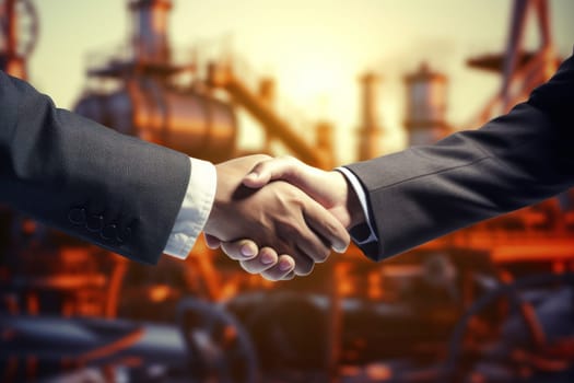 Businessmen shaking hands on background with oil derricks. Business deal concept.