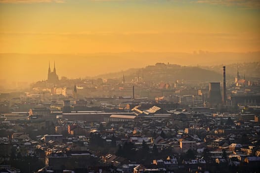 Brno city in the Czech Republic. Europe. Petrov - Cathedral of Saints Peter and Paul and Spilberk castle. Beautiful old architecture and a popular tourist destination. Photography of the city landscape in sunset. 