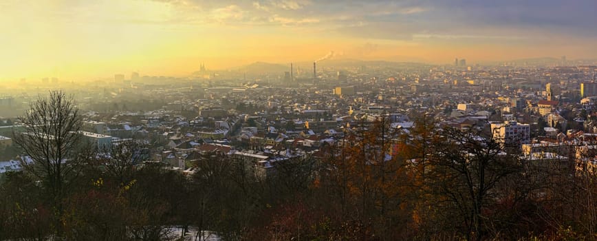 Brno city in the Czech Republic. Europe. Petrov - Cathedral of Saints Peter and Paul and Spilberk castle. Beautiful old architecture and a popular tourist destination. Photography of the city landscape in sunset. 