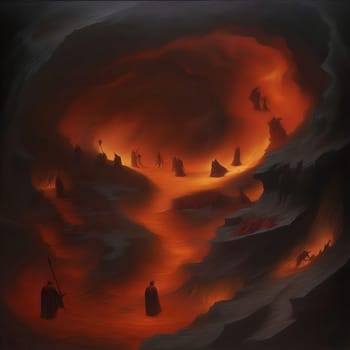 AI generated illustration. Dante Alighieri standing at the threshold of of Hell.