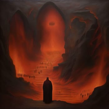 AI generated illustration. Dante Alighieri standing at the threshold of of Hell.