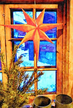 A decorative Christmas star hangs on the window during a snowy day.