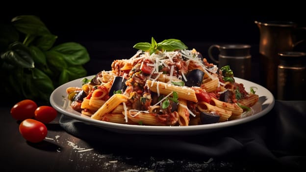 A serving of Sicilian pasta with penne, tuna, eggplant, tomatoes, Parmesan, basil and garlic, AI generated.