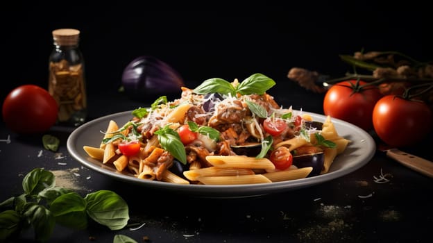 A serving of Sicilian pasta with penne, tuna, eggplant, tomatoes, Parmesan, basil and garlic, AI generated.