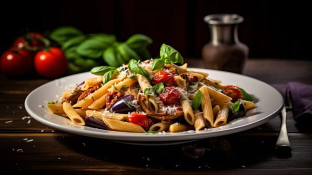 A serving of Sicilian pasta with penne, tuna, eggplant, tomatoes, Parmesan, basil and garlic, AI generated.
