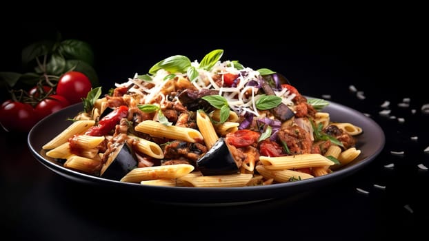 A serving of Sicilian pasta with penne, tuna, eggplant, tomatoes, Parmesan, basil and garlic, AI generated.