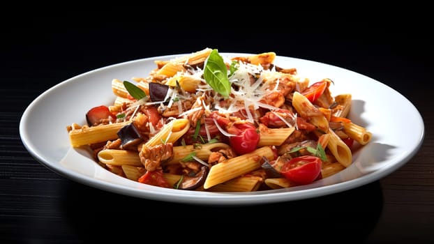 A serving of Sicilian pasta with penne, tuna, eggplant, tomatoes, Parmesan, basil and garlic, AI generated.