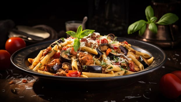 A serving of Sicilian pasta with penne, tuna, eggplant, tomatoes, Parmesan, basil and garlic, AI generated.