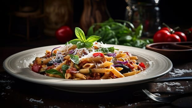 A serving of Sicilian pasta with penne, tuna, eggplant, tomatoes, Parmesan, basil and garlic, AI generated.