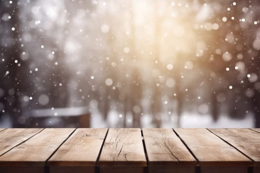 Empty table in beautiful winter landscape, wood plank board in snow mountain outdoor comeliness