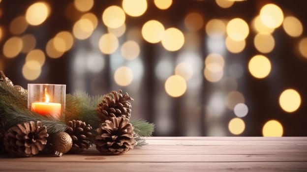 Merry Christmas and Happy New Year background with empty wooden table over Christmas tree and blurred light bokeh. Empty display for product placement. Rustic vintage Xmas 2024 background. comeliness