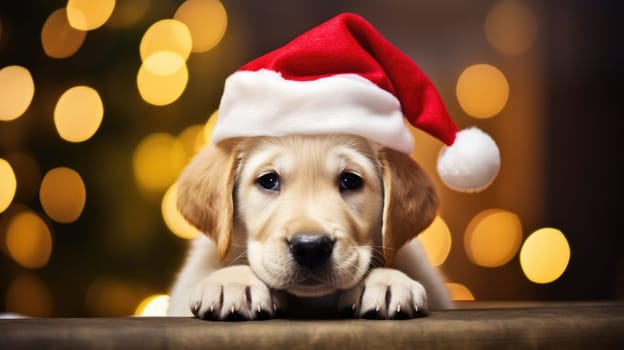 Adorable dog wearing Santa hats at room decorated for Christmas comeliness