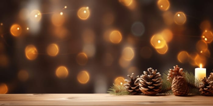 Merry Christmas and Happy New Year background with empty wooden table over Christmas tree and blurred light bokeh. Empty display for product placement. Rustic vintage Xmas 2024 background. comeliness