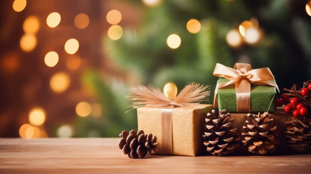 Christmas gift boxes on a wood table ready for joyful holiday celebration, merry Christmas and happy new year 2024 festival comeliness