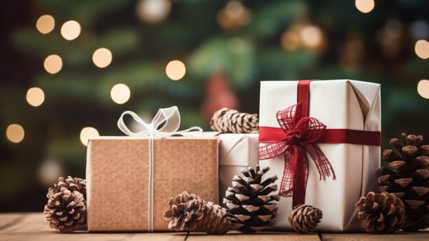 Christmas gift boxes on a wood table ready for joyful holiday celebration, merry Christmas and happy new year 2024 festival comeliness