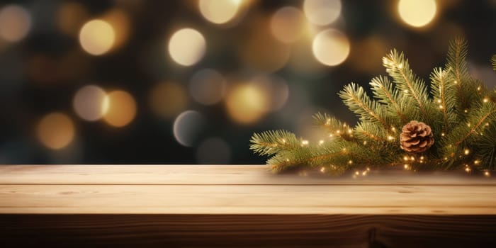 Merry Christmas and Happy New Year background with empty wooden table over Christmas tree and blurred light bokeh. Empty display for product placement. Rustic vintage Xmas 2024 background. comeliness