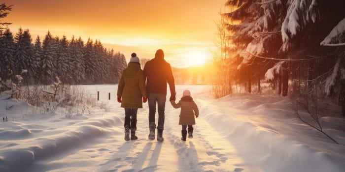 Happy family Father, mother and children are having fun and playing on snowy winter walk in nature. comeliness