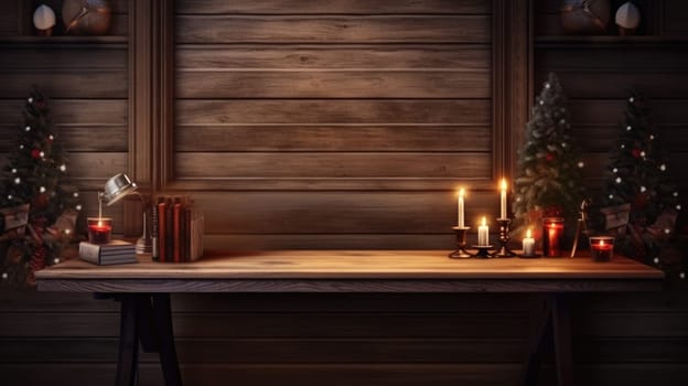 wider view of wooden desk with christmas decor at home in winter comeliness