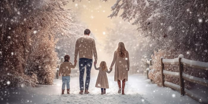 Happy family Father, mother and children are having fun and playing on snowy winter walk in nature. comeliness