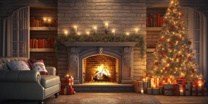 Interior of decorated living room with Christmas tree and comfortable sofa for family comeliness