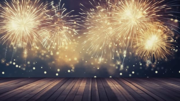 Wooden table or floor empty for product placement with new year firework in background comeliness