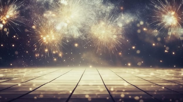 Wooden table or floor empty for product placement with new year firework in background comeliness