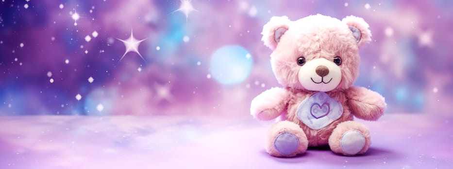 plush teddy bear with a heart on its chest, set against a whimsical, starry background, conveying warmth and comfort