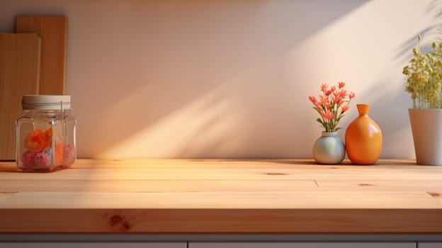 wooden countertop with a glass jar and a vase of flowers, against the background of a peach wall, in the kitchen