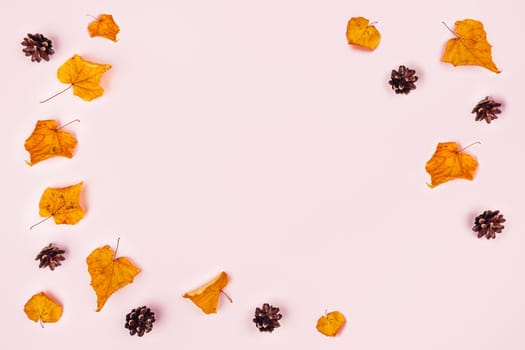 Fall picture with dry leaves and pine cones on a pastel pink background. Flat lay, top view, copy space.