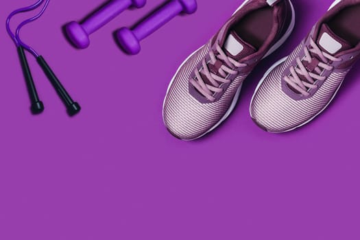 Sports equipment for gymnastics. Purple background with a place for text. Sneakers, dumbbells and skipping rope.