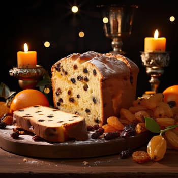 Delicious panettone on christmas table and candles.