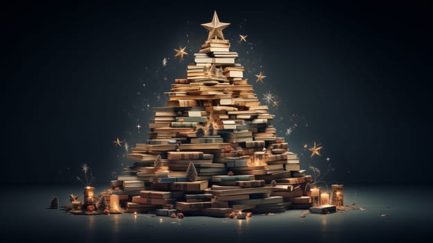 An unusual magical Christmas tree made of books stands on dark background.