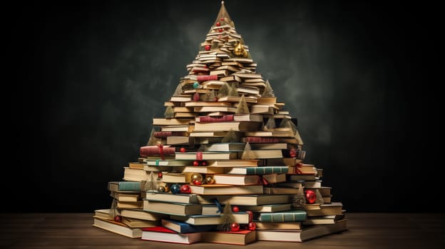 An unusual, creative magical Christmas tree made of books stands on dark background.