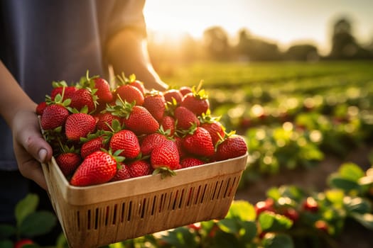 Hands holding a container with strawberries against the background of a green plantation.