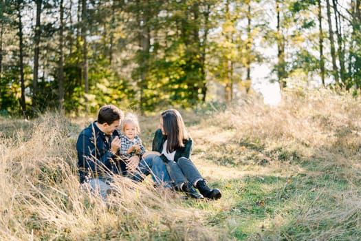 Mom sits next to dad with a little girl on his lap in a sunny meadow. High quality photo