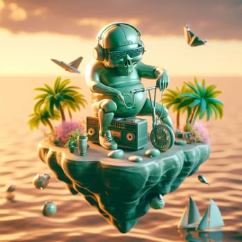 steampunk skater fashionable cool metallic deejay alien mariachi hosting party in tropical island generative ai art