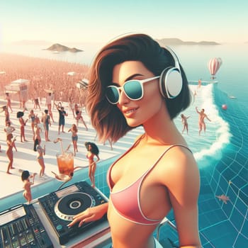 woman dj , wearing glasses earphone hosting dj set at crowded beach party in tropical island sunset ai generative art