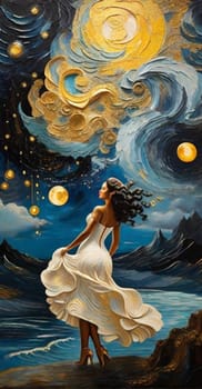 Dreamlike scene blending the swirling impressionist sky, europa village on the background, a carved fantastical female voluptous creature in elegant gala party dress, curly hairstyle, ai art generated