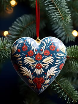 Intricately designed folk art heart ornament on a festive tree