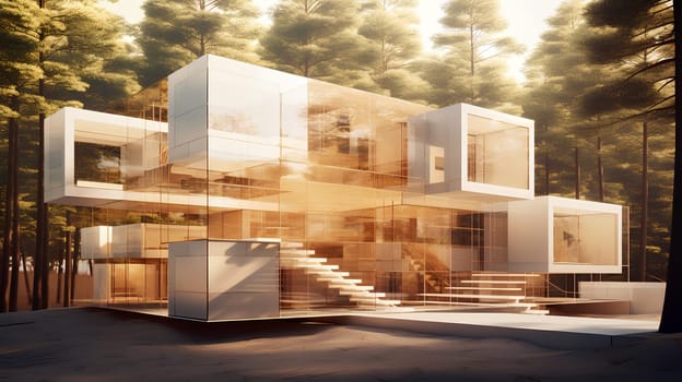 A modern house oasis, where nature and architecture intertwine through the sparkling glass walls and outdoor deck