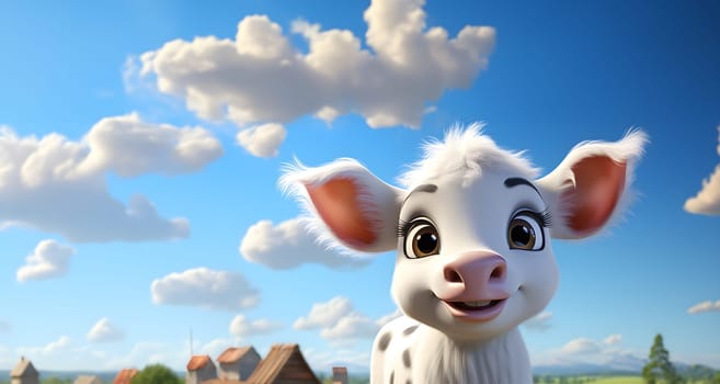A cute young cartoon calf against a blue sky with clouds - Generative AI