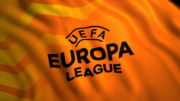 Abstract UEFA Europa League annual football club competition flag. Motion. Waving realistic flag. For editorial use only