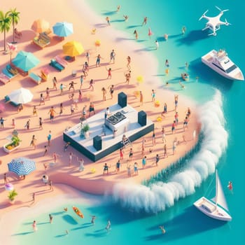 people having fun in the beach, isometric view, sea waves, 3d illustration generative ai art