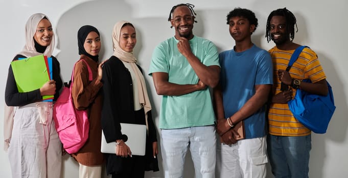 In a vibrant display of educational diversity, a group of students strikes a pose against a clean white background, holding backpacks, laptops, and tablets, symbolizing a blend of modern technology, unity, and cultural inclusivity in their academic journey.