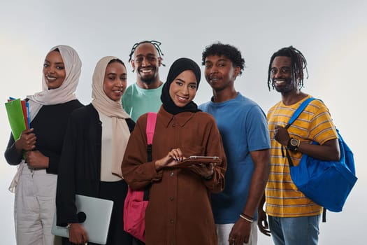 Group of diverse students engages in modern educational practices, utilizing a variety of technological tools such as laptops, tablets, and smartphones against a clean white background, exemplifying the contemporary approach to collaborative learning and information access.